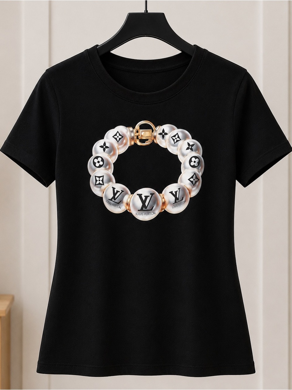 Plus Size Black Ribbed T-Shirt with Pearl Motif and Gold Accents